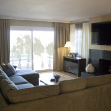 Millbrae Living Room full shot sofa tv fireplace drapery